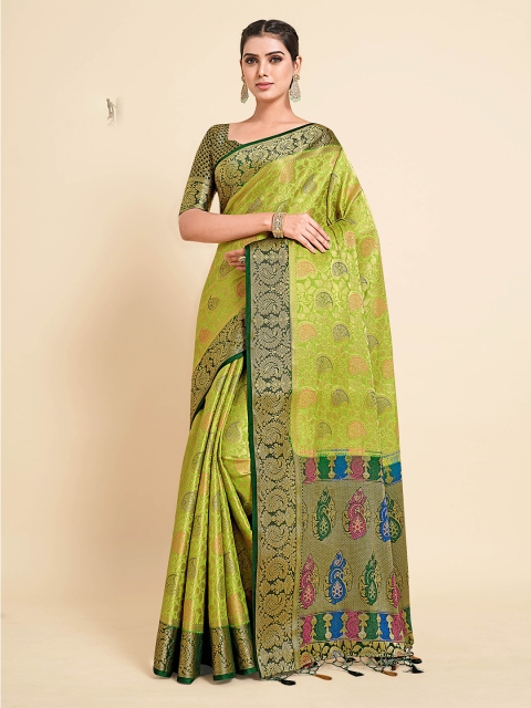 

MIMOSA Lime Green & Gold-Toned Ethnic Motifs Zari Kanjeevaram Art Silk Saree