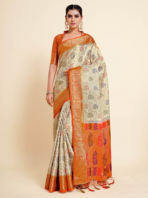 

MIMOSA Off White & Orange Ethnic Motifs Zari Art Silk Handloom Kanjeevaram Saree