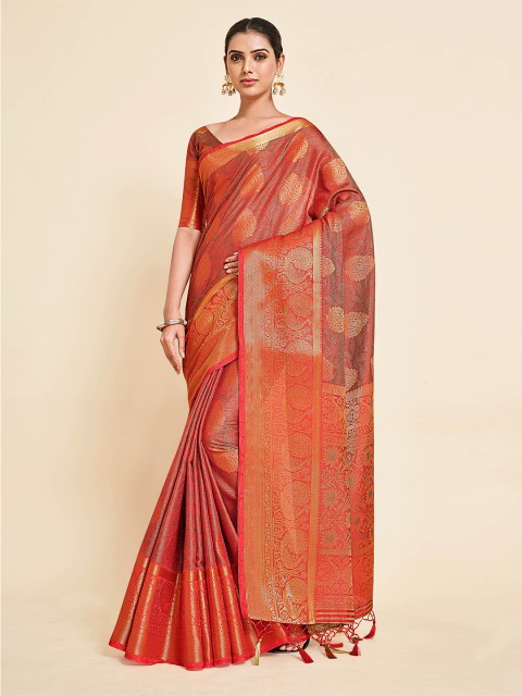 

MIMOSA Red & Gold-Toned Floral Zari Art Silk Kanjeevaram Saree