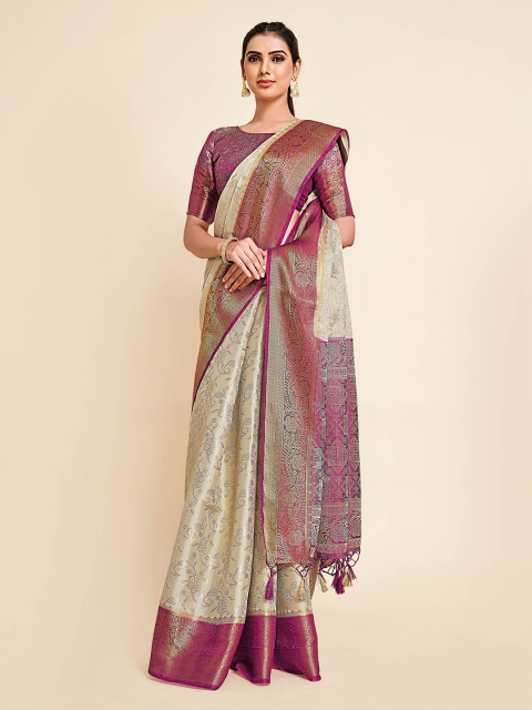 

MIMOSA Off White & Magenta Floral Zari Art Silk Kanjeevaram Saree
