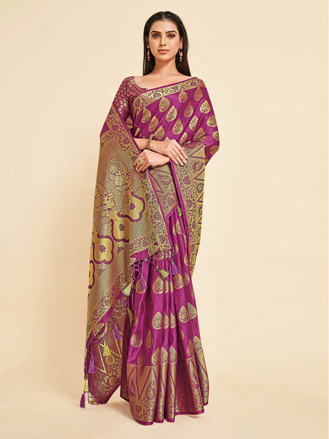 

MIMOSA Purple & Gold-Toned Floral Zari Mysore Silk Saree