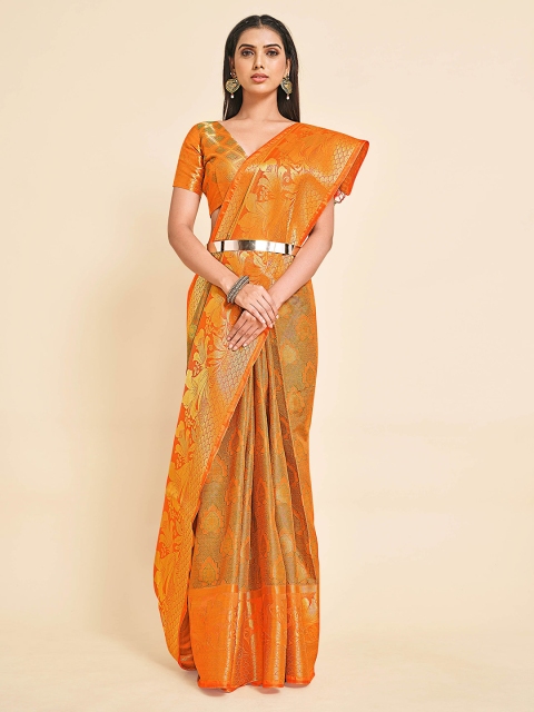 

MIMOSA Orange & Gold-Toned Ethnic Motifs Zari Art Silk Kanjeevaram Saree