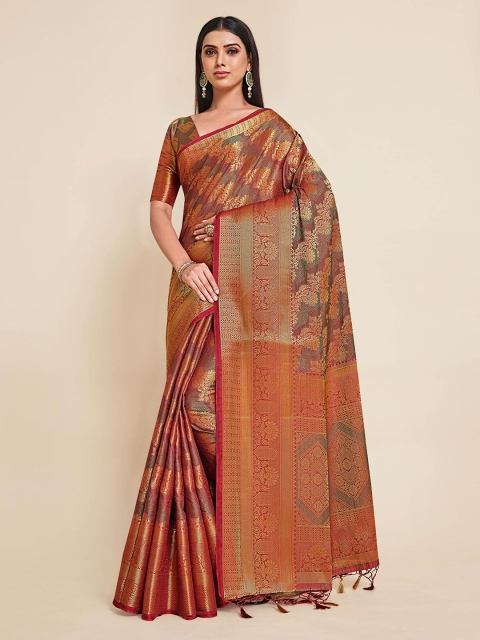 

MIMOSA Maroon & Gold-Toned Woven Design Zari Kanjeevaram Saree