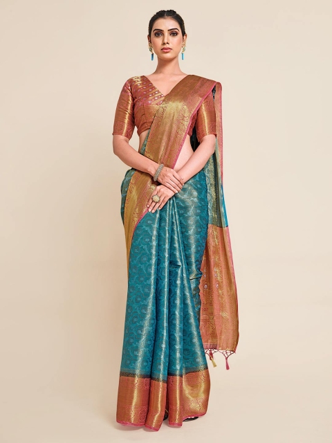 

MIMOSA Teal & Pink Floral Zari Art Silk Kanjeevaram Saree
