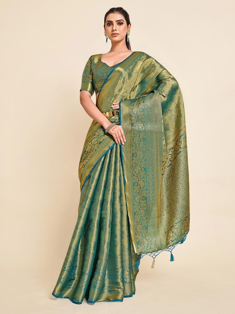 

MIMOSA Green & Gold-Toned Woven Design Zari Art Silk Kanjeevaram Saree