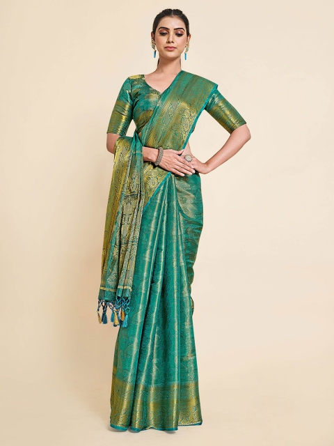 

MIMOSA Teal & Gold-Toned Woven Design Zari Art Silk Kanjeevaram Saree