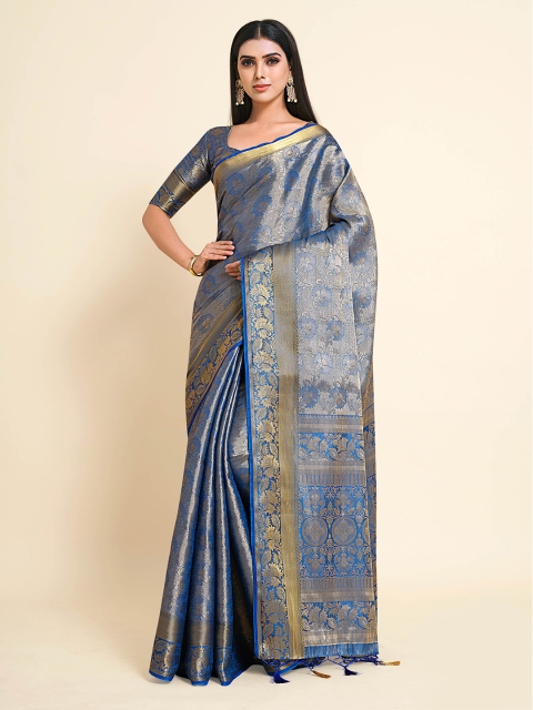 

MIMOSA Blue & Gold-Toned Woven Design Zari Kanjeevaram Saree