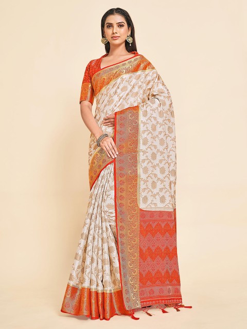 

MIMOSA Off White & Red Floral Zari Kanjeevaram Art Silk Saree