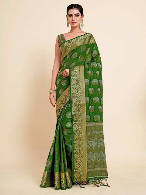 

MIMOSA Olive Green & Gold-Toned Ethnic Motifs Kanjeevaram Art Silk Saree