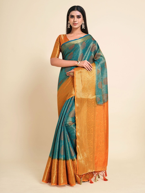 

MIMOSA Turquoise Blue & Orange Floral Zari Art Silk Kanjeevaram Saree