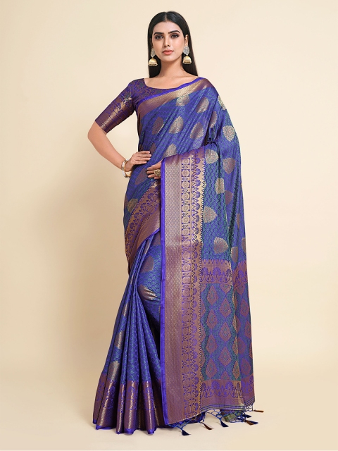 

MIMOSA Blue & Gold-Toned Ethnic Motifs Zari Art Silk Handloom Kanjeevaram Saree