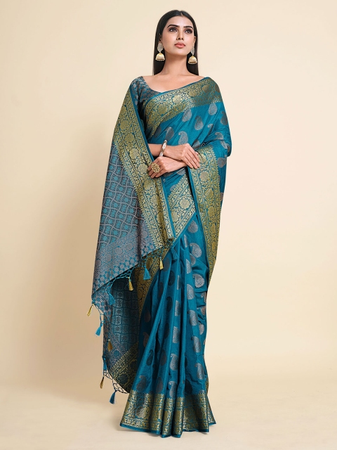 

MIMOSA Teal & Gold-Toned Paisley Zari Art Silk Kanjeevaram Saree