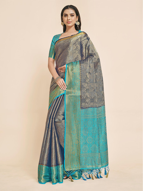 

MIMOSA Navy Blue & Gold-Toned Woven Design Zari Art Silk Kanjeevaram Saree