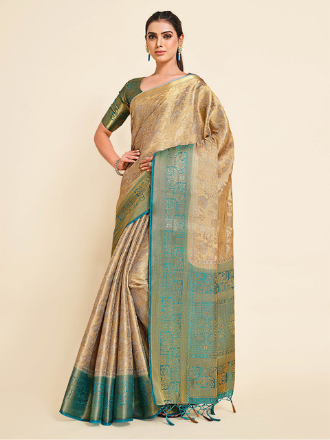 

MIMOSA Grey & Gold-Toned Woven Design Zari Art Silk Kanjeevaram Saree