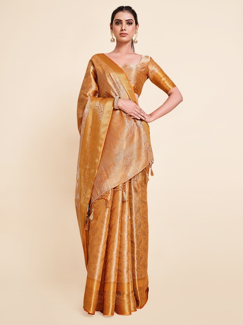 

MIMOSA Mustard & Gold-Toned Floral Zari Art Silk Kanjeevaram Saree