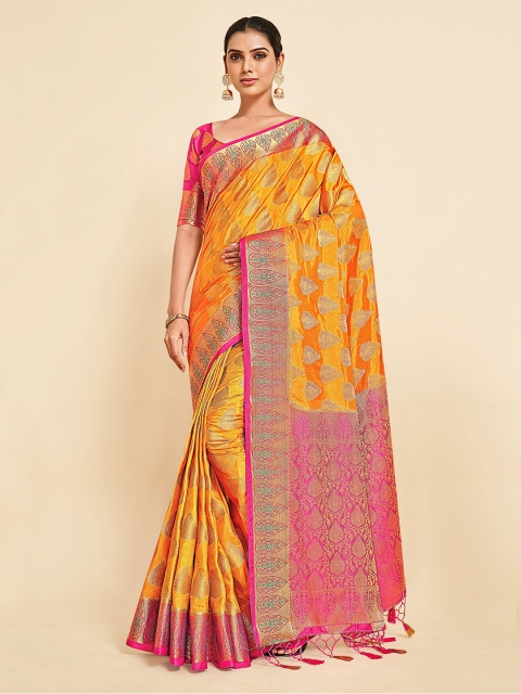 

MIMOSA Mustard & Pink Floral Woven Design Zari Kanjeevaram Saree