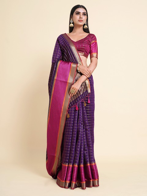 

MIMOSA Purple & Fuchsia Checked Zari Art Silk Banarasi Saree
