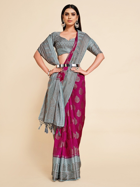 

MIMOSA Pink & Silver-Toned Woven Design Zari Art Silk Kanjeevaram Saree