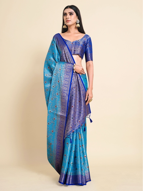 

MIMOSA Turquoise Blue & Gold-Toned Floral Zari Art Silk Kanjeevaram Saree