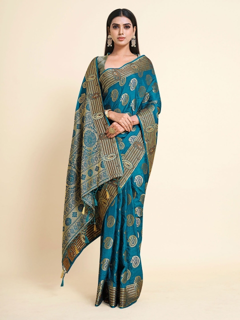 

MIMOSA Teal & Gold-Toned Paisley Zari Art Silk Kanjeevaram Saree