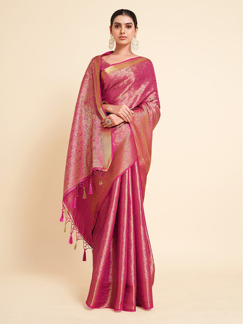 

MIMOSA Pink & Golden Ethnic Motifs Zari Art Silk Kanjeevaram Saree