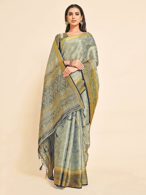 

MIMOSA Grey & Gold-Toned Floral Zari Art Silk Kanjeevaram Saree