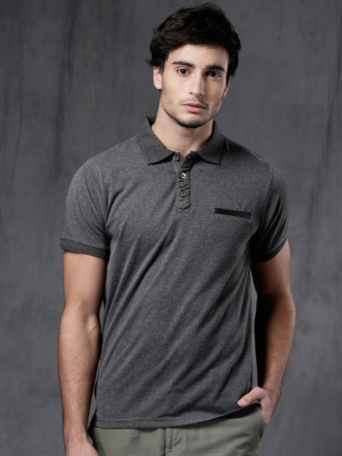 

WROGN Men Charcoal Solid Polo Collar T-shirt
