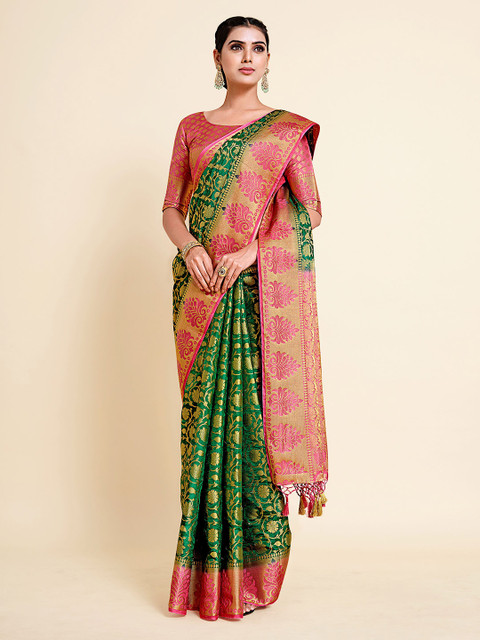 

MIMOSA Green & Red Floral Zari Art Silk Kanjeevaram Saree