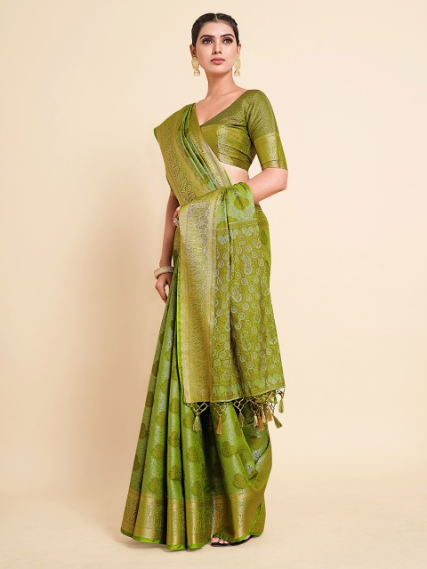 

MIMOSA Olive Green & Gold-Toned Ethnic Motifs Zari Art Silk Kanjeevaram Saree