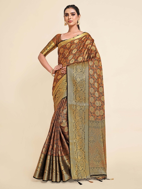 

MIMOSA Brown & Gold-Toned Woven Design Zari Kanjeevaram Saree