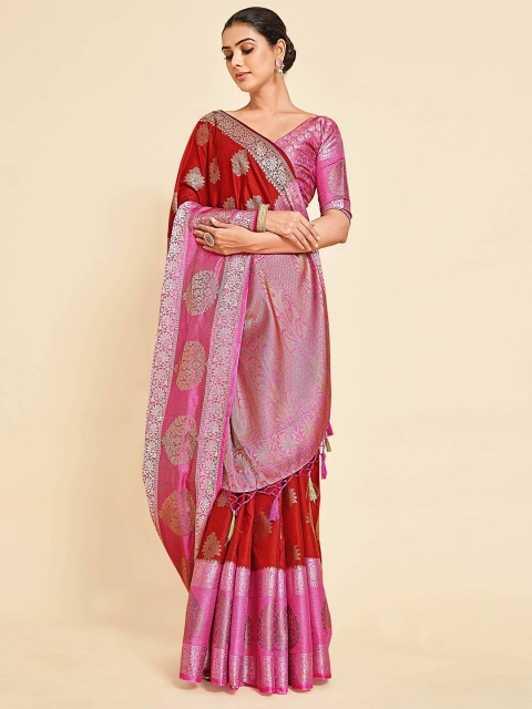 

MIMOSA Maroon & Silver-Toned Ethnic Motifs Zari Art Silk Handloom Kanjeevaram Saree