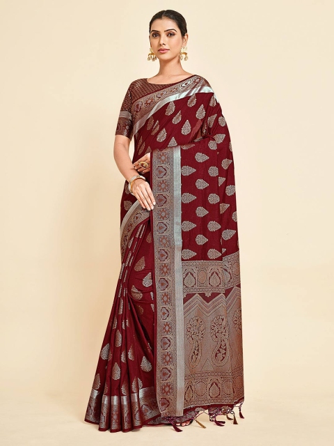 

MIMOSA Burgundy & Gold-Toned Floral Art Silk Kanjeevaram Saree