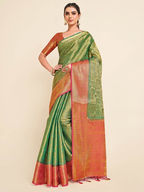 

MIMOSA Green & Red Embellished Zari Kanjeevaram Saree
