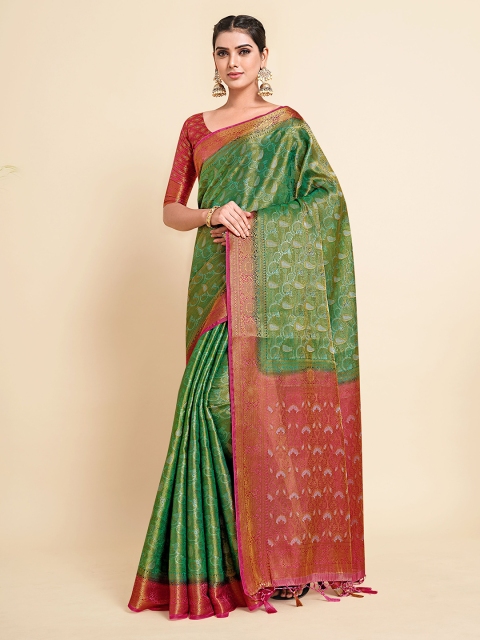 

MIMOSA Green & Pink Ethnic Motifs Zari Art Silk Handloom Kanjeevaram Saree