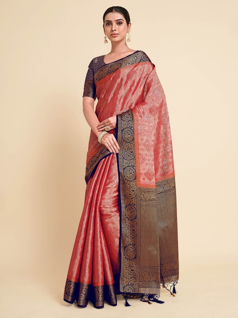 

MIMOSA Coral & Gold-Toned Floral Zari Art Silk Kanjeevaram Saree