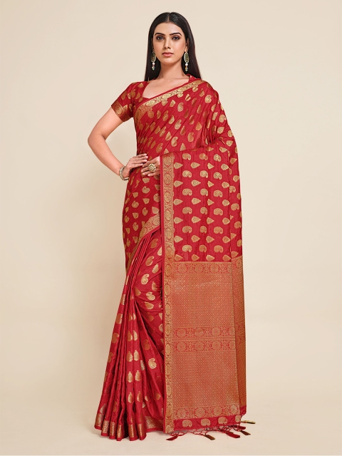 

MIMOSA Red & Golden Ethnic Motifs Zari Art Silk Kanjeevaram Saree