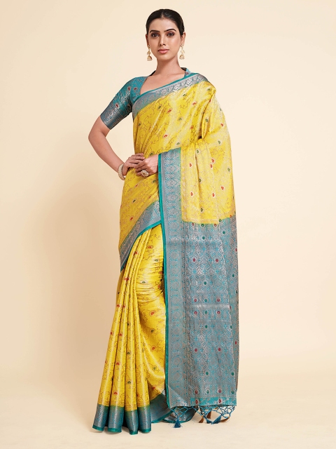 

MIMOSA Yellow & Blue Ethnic Motifs Zari Art Silk Kanjeevaram Saree