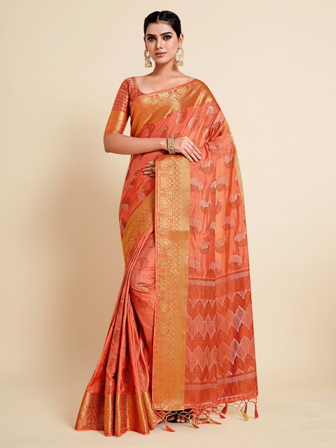 

MIMOSA Orange & Gold-Toned Woven Design Zari Art Silk Kanjeevaram Saree