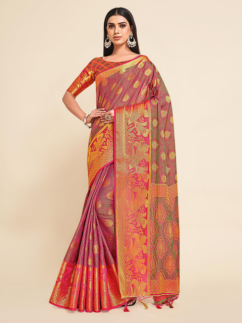 

MIMOSA Pink & Gold-Toned Embellished Zari Kanjeevaram Saree