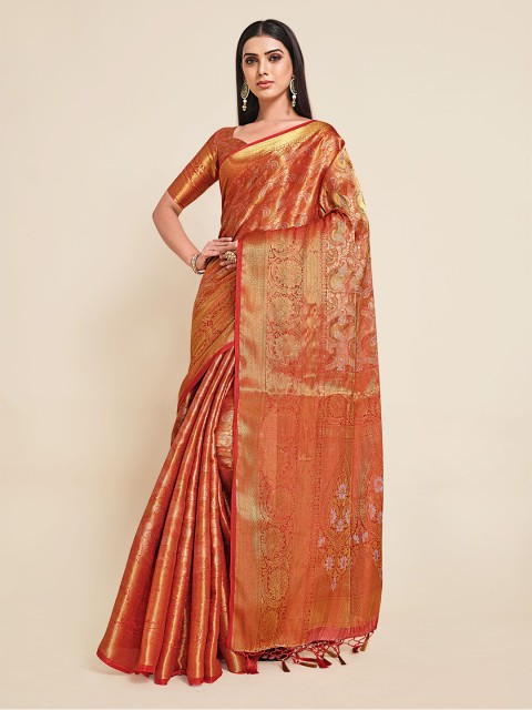 

MIMOSA Red & Gold-Toned Paisley Zari Art Silk Kanjeevaram Saree