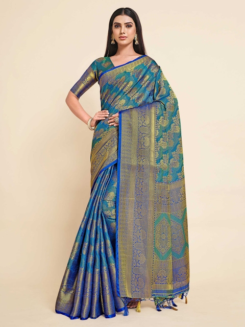 

MIMOSA Blue & Green Ethnic Motifs Zari Art Silk Handloom Kanjeevaram Saree
