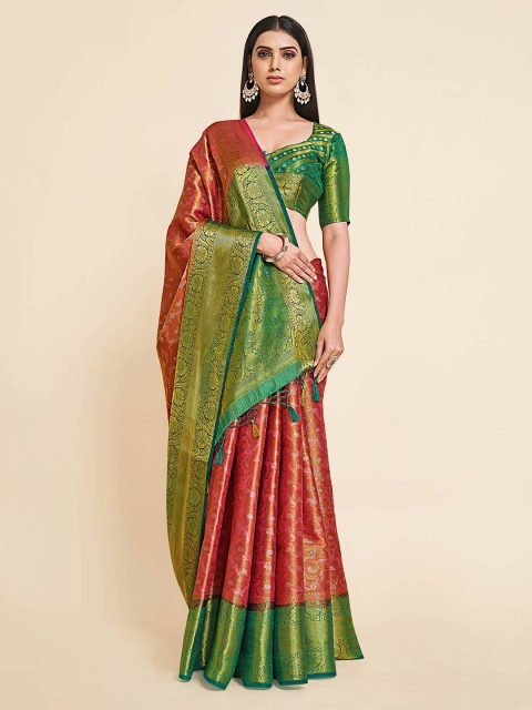 

MIMOSA Pink & Green Floral Zari Art Silk Kanjeevaram Saree
