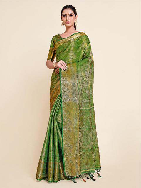 

MIMOSA Women Green Woven Design Kanjivaram Art Silk Saree
