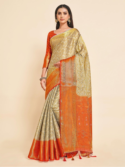 

MIMOSA Off White & Orange Floral Zari Art Silk Kanjeevaram Saree