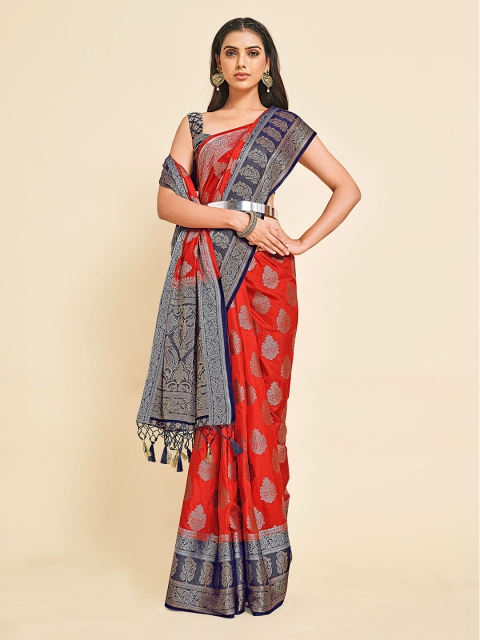 

MIMOSA Red & Blue Ethnic Motifs Zari Kanjeevaram Art Silk Saree