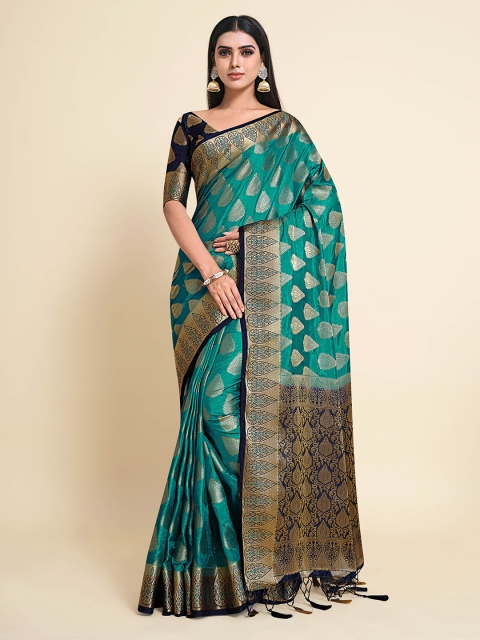

MIMOSA Teal Blue & Navy Blue Ethnic Motifs Kanjeevaram Art Silk Saree