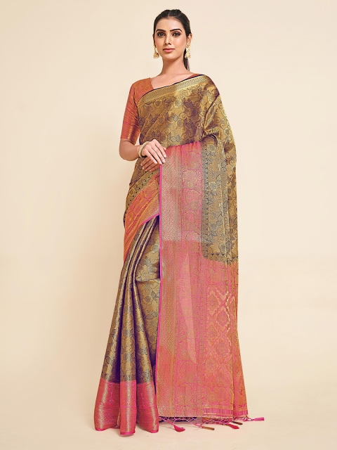 

MIMOSA Women Navy Blue & Pink Kanjivaram Art Silk Saree