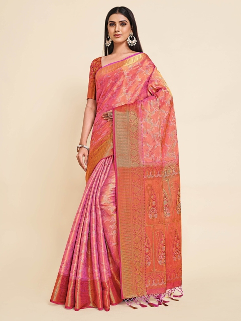

MIMOSA Pink & Gold-Toned Paisley Zari Art Silk Kanjeevaram Saree