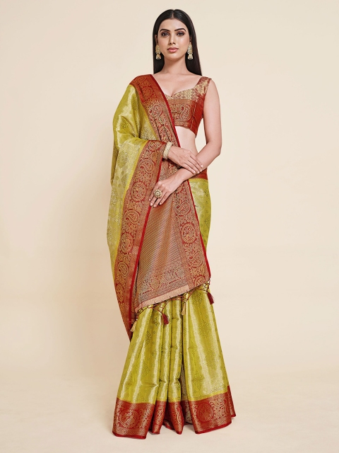 

MIMOSA Lime Green Ethnic Motifs Woven Design Kanjivaram Art Silk Saree