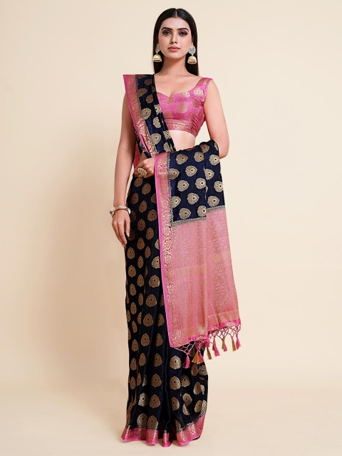 

MIMOSA Navy Blue & Pink Paisley Zari Art Silk Kanjeevaram Saree